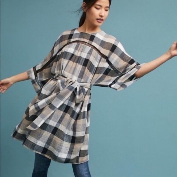Maeve Kimono Tunic Dress Plaid Wide Crop Sleeve XS - Picture 7 of 8